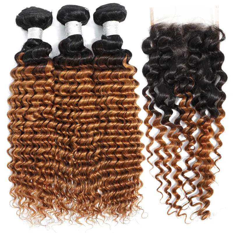 Ondas de cabelo humano, alta qualidade, dupla desenho, trançado 1b 27, raiz escura, castanho, mistura de cores, ombre, onda profunda, 3 pacotes com fechamento