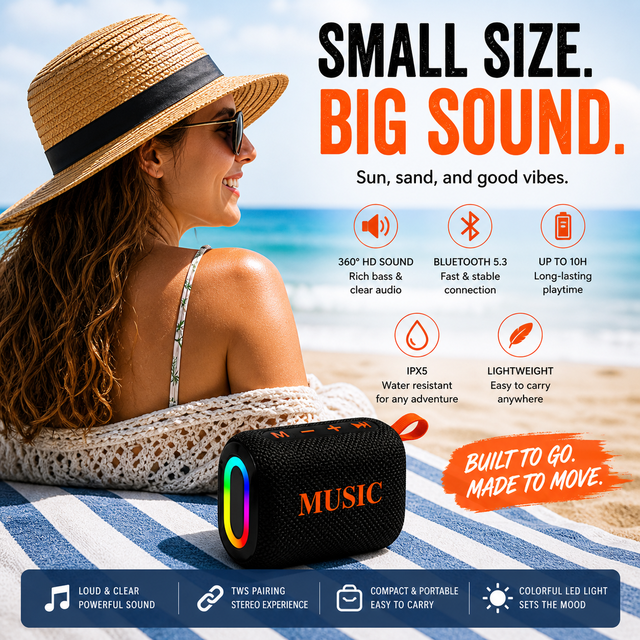 2026 Portable Mini Waterproof IPX-6 RGB Lighting for 5.3 Wireless Boombox Long-Lasting 1200mAh Battery High-Performance Speaker