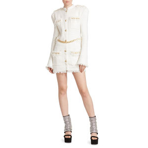 Abito Mini Invernale <span class=keywords><strong>Bianco</strong></span> con Catena, Spalle Imbottite, Maniche Lunghe in Tweed, <span class=keywords><strong>Vestito</strong></span> Casual da Ufficio - Product Image 1