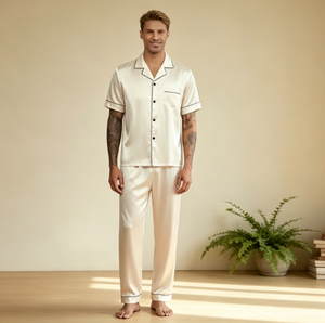 Pyjamas pour hommes en soie personnalisés à manches courtes, vêtements de nuit de luxe, faible MOQ, ensemble de pyjamas pour hommes, fabricant OEM de vêtements de nuit - Product Image 4