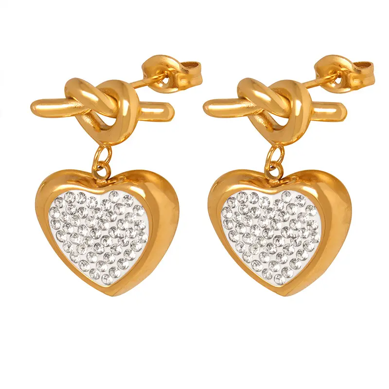 SSE057 High Quality Stainless Steel Hypoallergenic Gold Knot Stud Earrings CZ Heart Drop Earrings for Women Girls