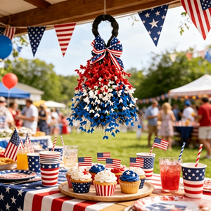 Independence Day Patriotic Wreath Round Mesh <b>Decor</b> America Anniversary Sign Hanging <b>Wall</b> Decoration for 4th of July - Product Image 5
