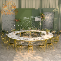 Table à manger antique ronde demi-lune en verre clair à base d'acier inoxydable blanc pour 12 personnes
