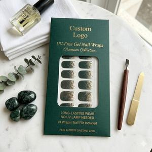 Kit de 24 Wraps d'Ongles en Gel Sans UV <span class=keywords><strong>Vert</strong></span> Émeraude Effet Ombré Doré Sans HEMA Qualité Salon Marque Privée Longue Durée - Product Image 1