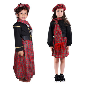 Disfraz de kilt escocés para niñas, vestido de actuación infantil con bufanda y sombrero, corte en A, poliéster satinado - Product Image 3