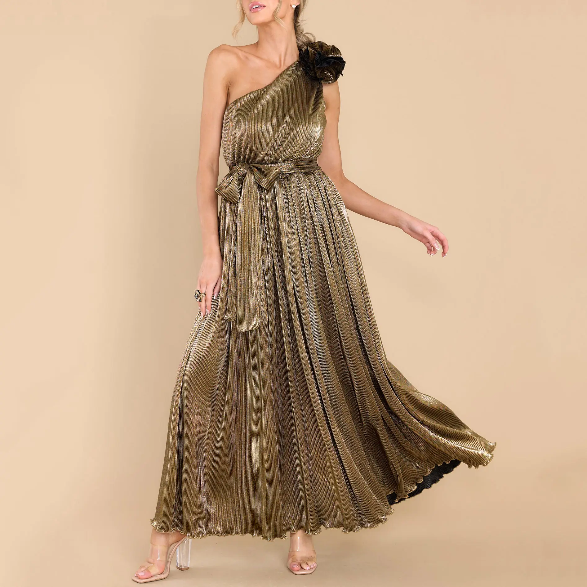 Manufacturers Custom Elegant Ladies Evening Dress Tunic Sexy Maxi Dress Elegant Gold One Shoulder Maxi Dress