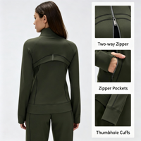 Xsunwing Nouveau style Veste de sport légère unie pour femme, coupe ajustée, manches longues, pour entraînement, gym, fitness, yoga, avec fermeture éclair WD26105