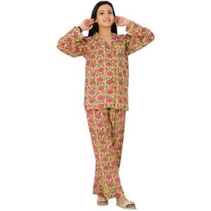 Cotton Pajama Set Floral Printed Long Sleeve Woven Shirt and <b>Pants</b> Soft Breathable Comfortable Summer Nightwear Sleepwear Set - Product Image 1