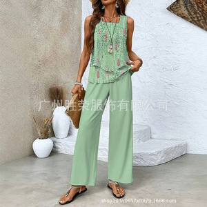 Ensemble veste et pantalon sans manches à double couche pour femmes, imprimé floral, costume décontracté, style Europe et Amérique, tailles S, M, L, XL, XXL, XXXL - Product Image 2
