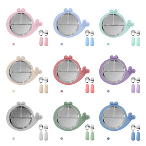 Assiettes à ventouse pour bébé en acier inoxydable et lot de <span class=keywords><strong>2</strong></span> cuillères et fourchettes ensemble d'ustensiles pour tout-petits ensemble d'alimentation pour bébé assiettes divisées - Product Image 6