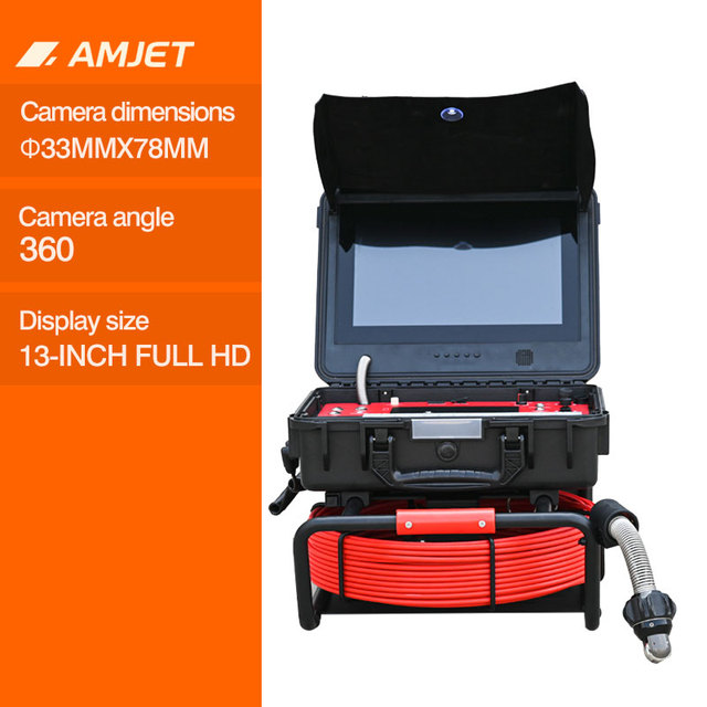 AMJET DrainEye-R13-Max Drain Inspection Sewer Camera with Locator 13-inch Auto-levelling Industrial 33mmx78mm Camera Head