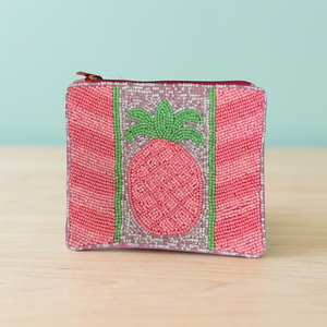 Handmade Beaded Pineapple Zipper Pouch Pink Green Embroidered Coin Purse Fashion <b>Square</b> Shape - Product Image 4