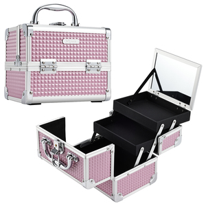 Valigetta <span class=keywords><strong>per</strong></span> Trucco Rosa Portatile con Specchio e Chiusura, Beauty Case da Viaggio, Organizer Rigido <span class=keywords><strong>per</strong></span> Cosmetici - Product Image 1