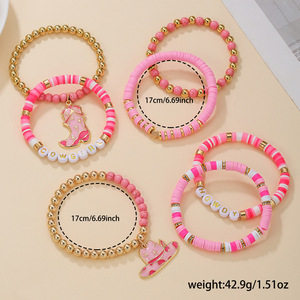 Bracelet en céramique souple avec perles et lettres roses HL personnalisées Bracelet à breloques empilées en corde élastique de style cowboy occidental plaqué or - Product Image 3