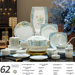 Juego de Vajilla de Porcelana de Lujo de 56/58 Piezas con Borde Dorado, Elegante Vajilla de Cerámica Floral para Hogar, Hotel, Boda - Product Image 6