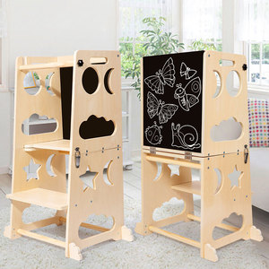 Montessori Toddler Wooden Foldable Kitchen <b>Helper</b> Step Stool Early Educational Equipped with Blackboard for Kids Boys & Girls - Product Image 3