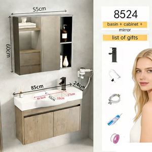 Set di Mobili da Bagno con Finitura Effetto Legno, Stile Naturale, Armadietti in Alluminio <span class=keywords><strong>per</strong></span> Bagno con <span class=keywords><strong>Specchio</strong></span> - Product Image 1