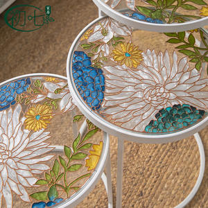 The Seventh Day Nesting <b>Side</b> <b>Table</b> <b>Set</b> Tempered Glass Top Hand Painted Floral Design For Living Room Coffee <b>Table</b> - Product Image 3