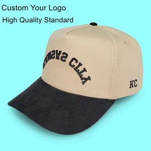 Customize 3D Embroidery Embroidered Two Tone Snap Back Crown Cap Brown Baseball Hat With Logo, Mens 5 Panel A Frame Baseball Cap