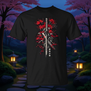 T-shirt promotionnel Otaku d'anime japonais avec motif de fleur de lys araignée rouge et katana samouraï - Product Image 3