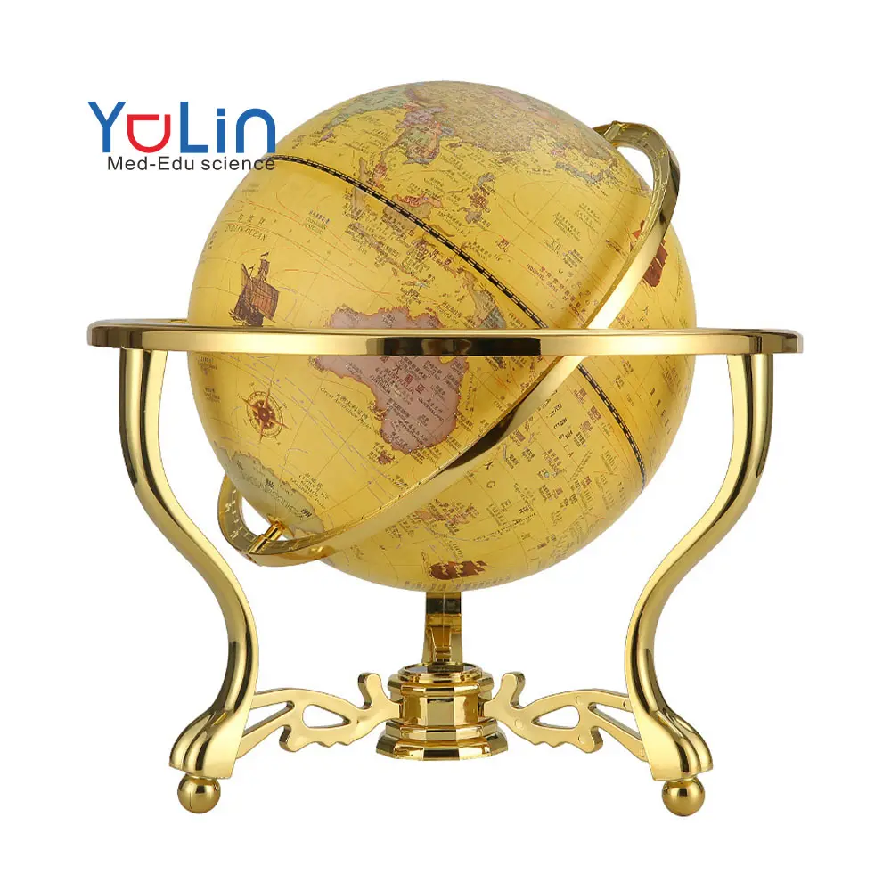 Armillaire en laiton vintage avec base en bois, globe sphérique du monde antique, carte décorative en laiton nautique