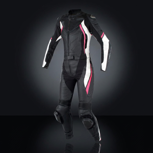 Traje de Motociclismo de Cuero para Mujer en Negro, Blanco y Rosa, con Bloques de Color, Equipo de Protección para Conducir - Product Image 1