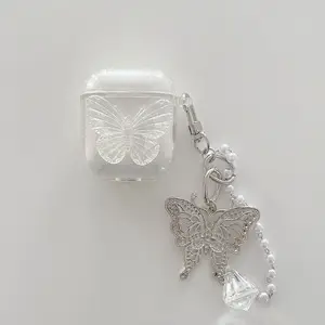 3D Cute Butterfly Soft Clear accessori per auricolari Cover per Air Pods 1 2 3 custodia con ciondolo catena di perle