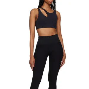 Atasan olahraga hitam polos dimodifikasi kerah sendok potongan di depan dan belakang elastik hem pakaian yoga olahraga wanita