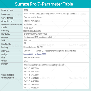 Mic-rosoft <span class=keywords><strong>Surface</strong></span> <span class=keywords><strong>Pro7</strong></span> + Tablet PC, 12,3 "2 en 1Touch, 95% NUEVO, Intel Core I5-1135G7, 16GB RAM, 256GB SSD con Orig KB,Win11 - Product Image 3