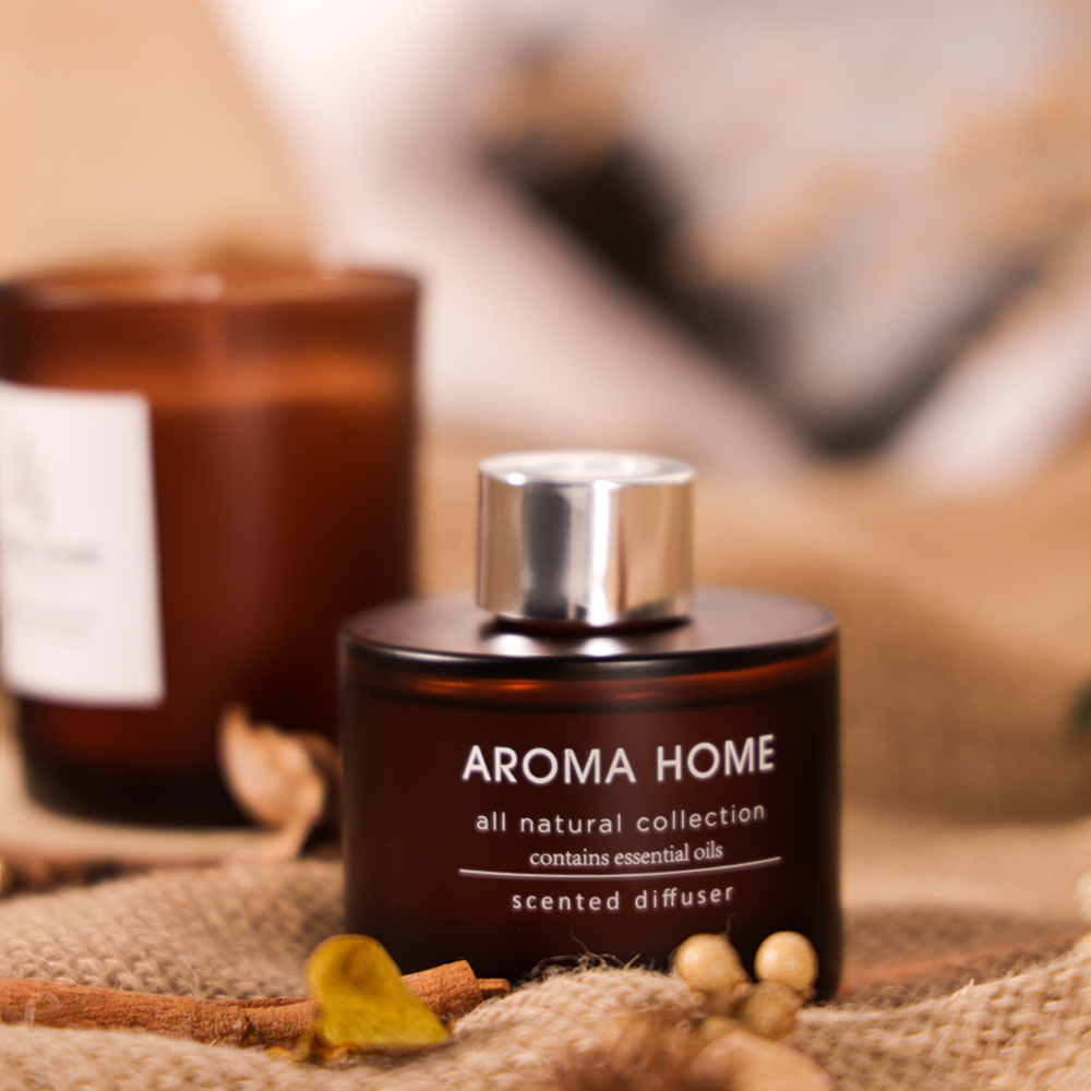 AROMA EV Sıcak satış Yağ Parfüm Cam Kavanoz Lüks Kahverengi Reed Difüzör Kokulu Mumlar Hediye Seti 3