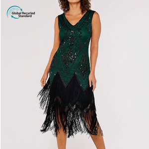 Robe mini à franges et sequins personnalisée, robe de danse élégante et scintillante, robe latine verte sans manches à sequins pour femmes - Product Image 2