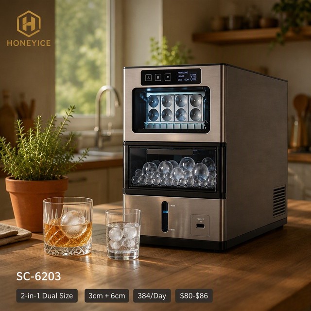 Home Ice Maker Machine Crystal Sphere 2-in-1 Dual 3cm 6cm 8 Balls 30Min 384/Day <60dB Quiet Kitchen Countertop CB CE ETL FDA