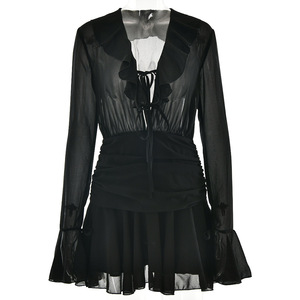 Women's Deep V Neck Chiffon Long Sleeve Ruffled Dress <b>Elastic</b> Waist Party Casual Short <b>Skirt</b> - Product Image 5