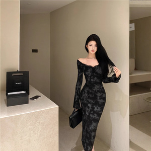 Elegant Black Fishtail Pencil Dress Long Skirt Formal Winter Wear City Commuting Tie Dye Splicing Design - Product Image 3