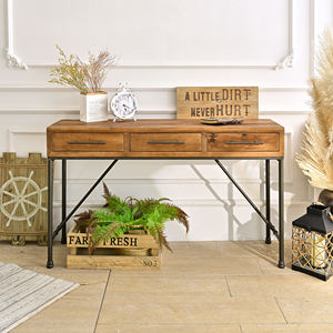 Muebles para el Hogar, Mesa Consola Rústica de Madera Maciza con Patas de Metal y 3 Cajones, Duradera para Sala de Estar, Entrada, Pasillo, Hotel, Apartamento - Product Image 1