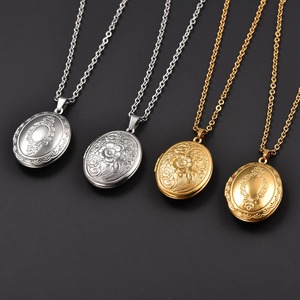 Collier pendentif médaillon ovale en acier inoxydable gravé floral pour femme, cadre photo souvenir, breloques, chaîne, bijoux en métal - Product Image 5