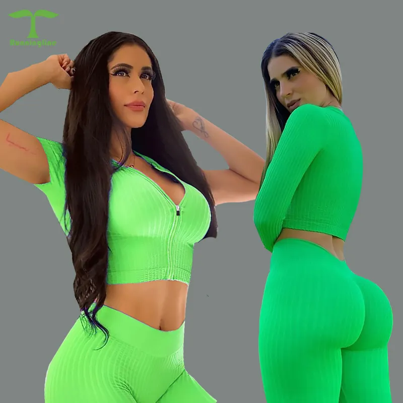 Neueste Green Neon Seamless Strumpfhose ausgestattet Well Scrunch Butt Lift Damen Compression Fitness Yoga Sets