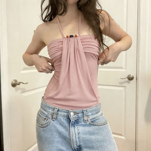 Y2K Girly <b>Pink</b> Beaded Breathable Knitted off Shoulder Halter Neck Sleeveless <b>Cami</b> <b>Top</b> for Women Summer - Product Image 6