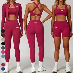 Set Personalizzato da <span class=keywords><strong>Donna</strong></span> per Allenamento in 3 Pezzi, Completo per Yoga e Fitness con Crop Top a Maniche Lunghe e Pantaloni, Abbigliamento da Palestra, Tuta Sportiva - Product Image 3