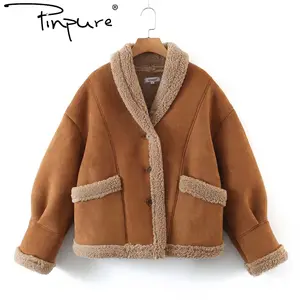 R11077S棕色超大复古设计落肩女冬季风衣麂皮皮夹克和外套