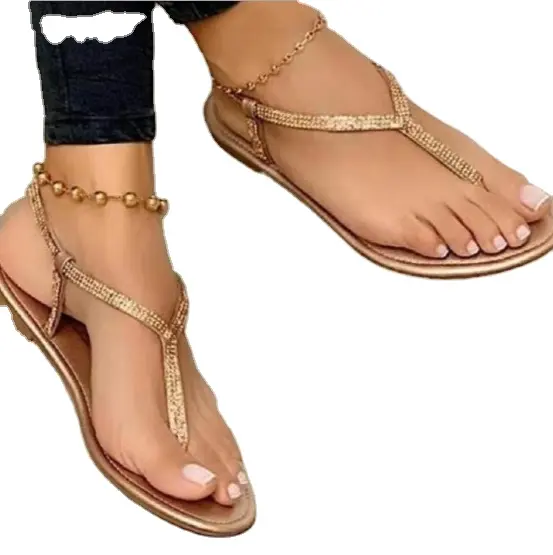 2021 summer large size women's sandal fashion diamond flat toe beach fish mouth sandal wholesale sparkle film