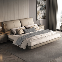 Lit Double Rembourré Moderne de Luxe en Cuir Véritable avec Cadre Flottant, Éclairage LED Intelligent et Design Minimaliste, Taille King pour Chambre Parentale
