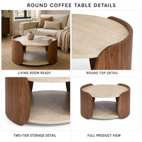 Ensemble de tables basses rondes modernes et durables à deux niveaux avec supports en bois courbé et étagère de rangement ouverte pour salon - Vente en gros