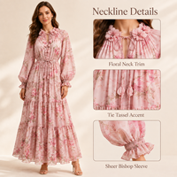 Robe longue florale pour femme, vente en gros, rose, manches longues, col à volants, taille nouée, à volants, pour invitée de mariage
