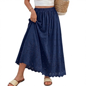 Jupe longue bohème évasée pour femme, taille élastique, broderie florale, en coton et bambou, respirante, longueur cheville, idéale pour l'été - Product Image 2