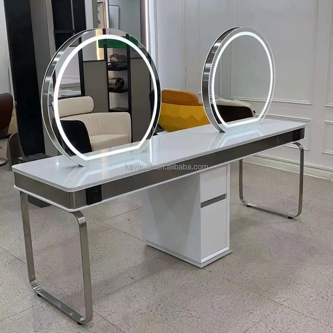미용실 저렴한 메이크업 거울 테이블 스테인레스 스틸 헤어 살롱 싱글 양면 거울 Led 거울 역