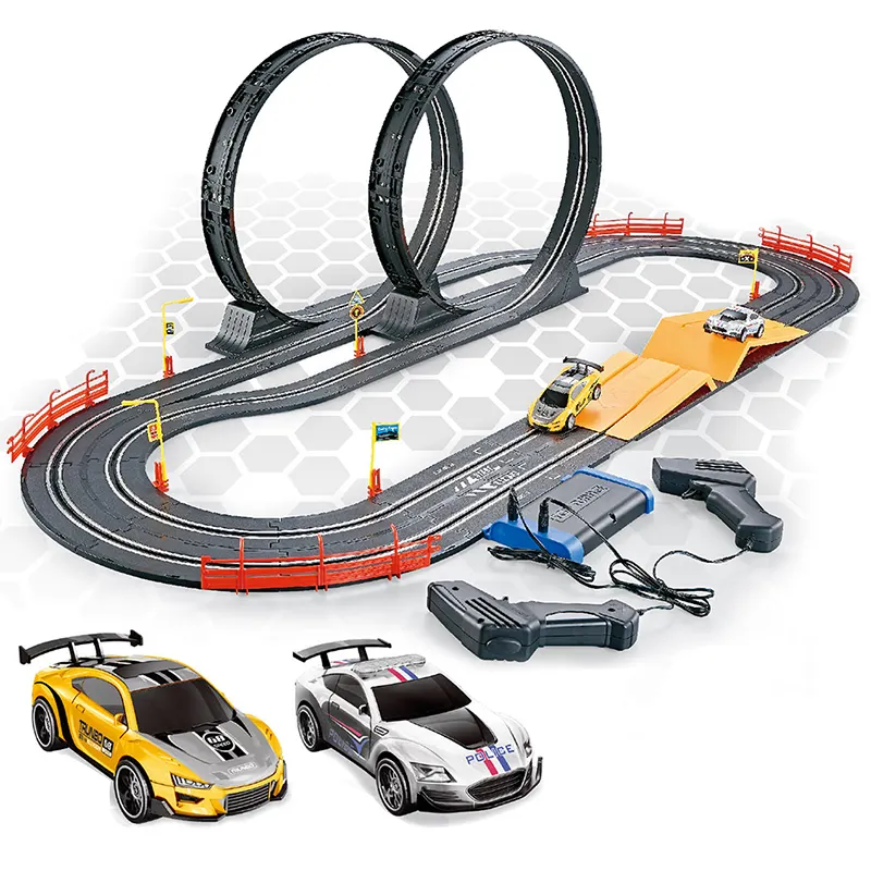 Nuovi giocattoli Amazon slot cars gioco della polizia 5.6 metri 1/43 auto da pista azionate a mano set di piste in acciaio inossidabile set di piste da corsa