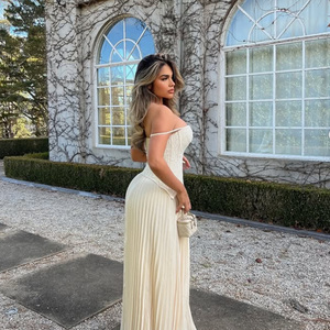 Robe longue plissée sans bretelles avec détail corset, élégante, vintage, <span class=keywords><strong>chic</strong></span>, coupe ajustée, silhouette artistique, design affirmé - Product Image 1