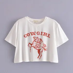 화이트 컬러 짧은 소매 크루 넥 암소 소녀 인쇄 여성 여름 자른 코튼 티셔츠
