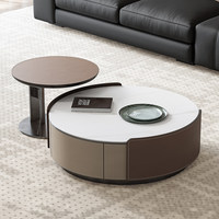 Table basse de luxe haut de gamme au design minimaliste italien, avec structure en cuir et plateau en dalle de roche, espace de rangement, mobilier de maison